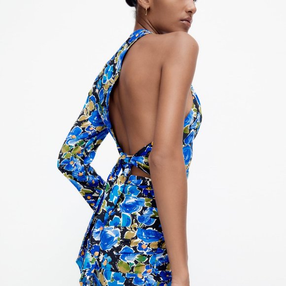 New Zara Floral Print One Sleeve Asymmetrical Cropped Too Size Small - Picture 3 of 16